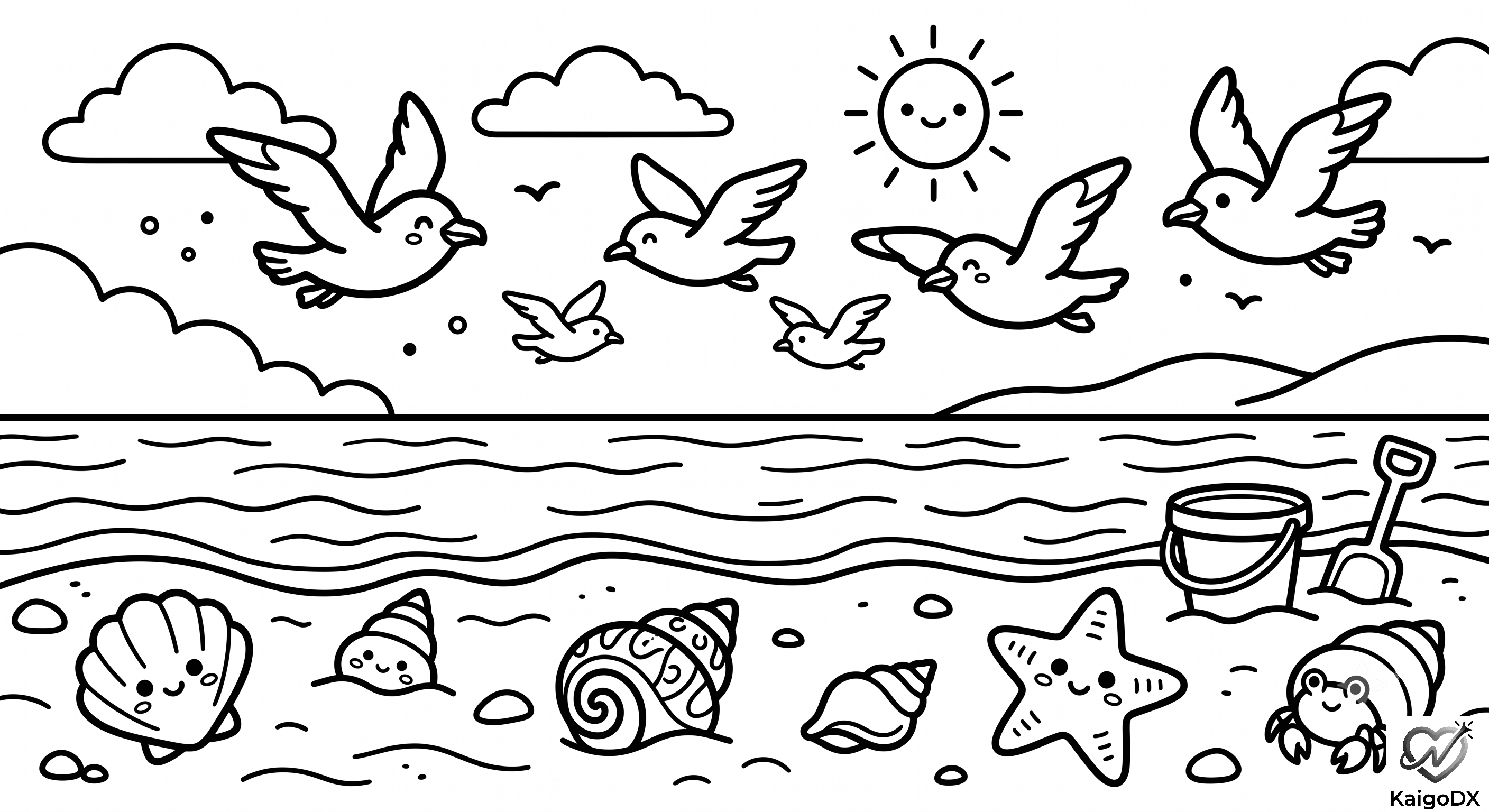 海辺の貝殻とカモメ
