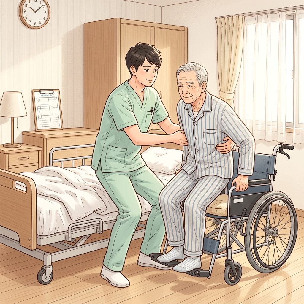 記事：介護福祉士試験「生活支援技術」完全解説〜片麻痺利用者の移乗介助（ベッドから車いす）〜
